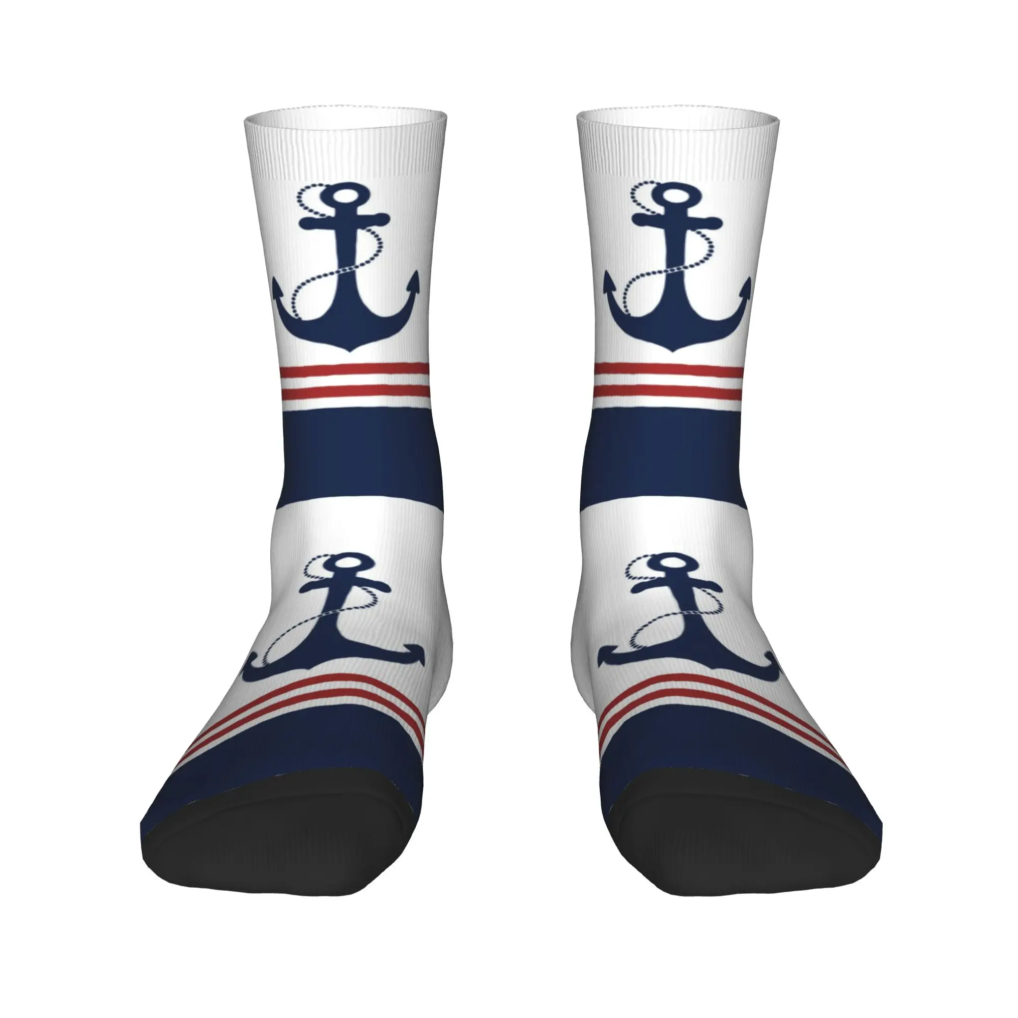 

Cute Mens Nautical Navy Blue Anchor With Stripes Dress Socks Unisex Comfortable Warm 3D Printing Sailing Sailor Crew Socks