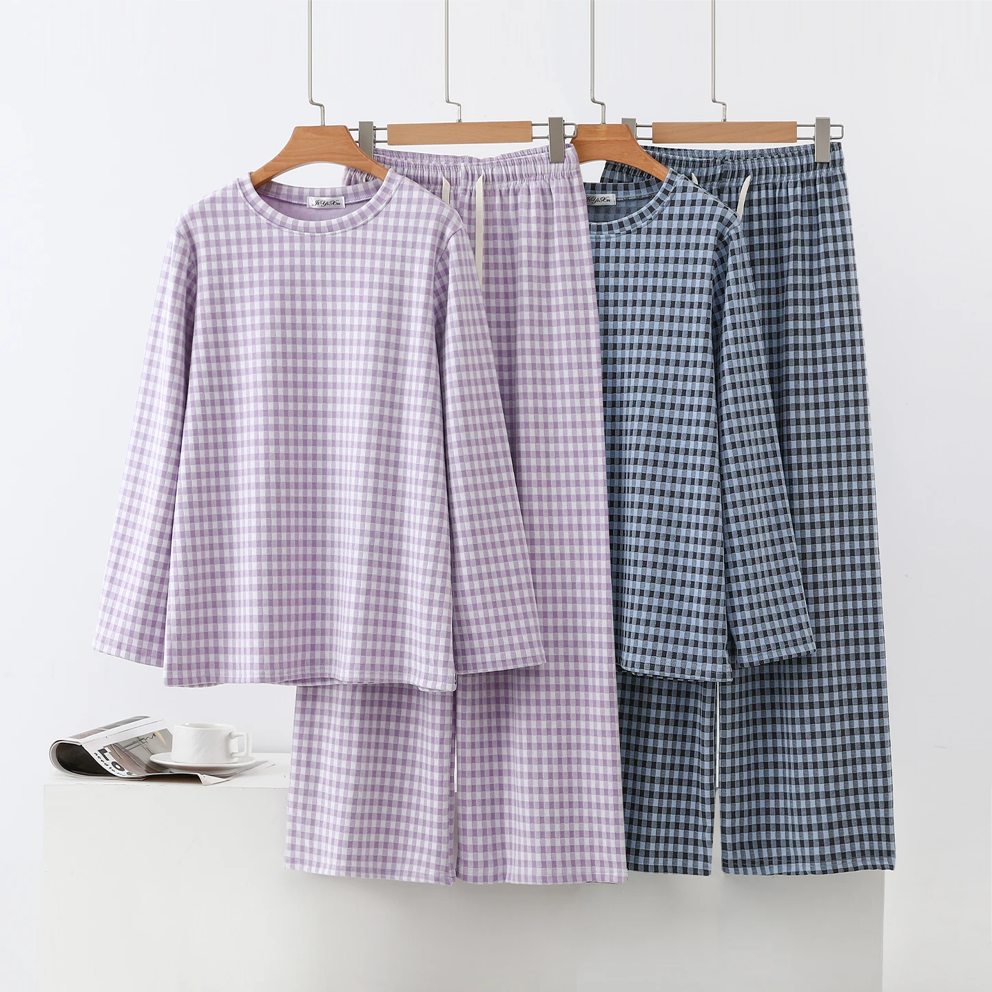 Thickened Flannel Plaid Sleepwear Set Women's Long Sleeve Long Pants Home Clothes Fleece Lined Winter Two Piece Set