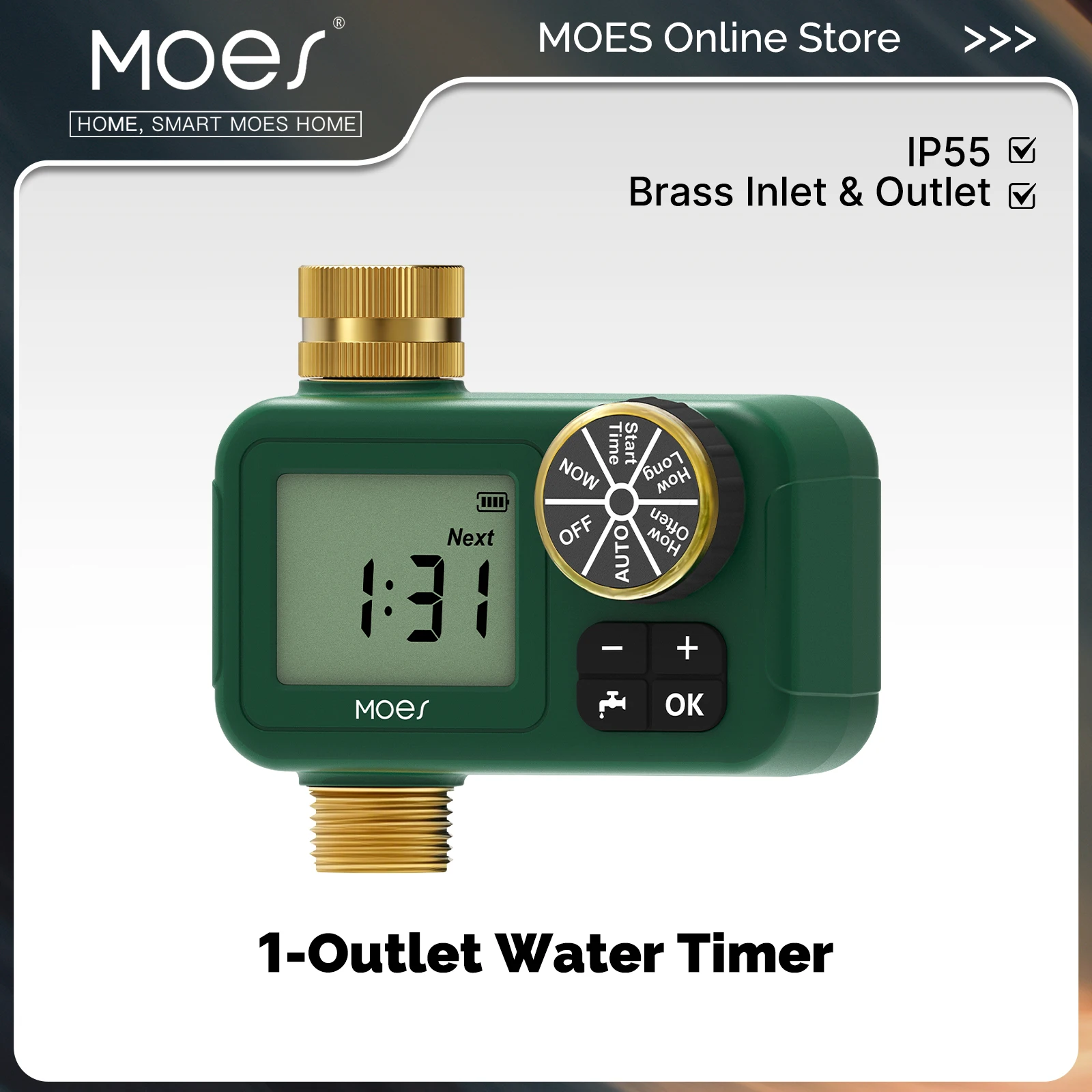 MOES Water Timer 1-Outlet Waterproof  Brass Inlet Outlet Rotary Knob Button Control Built-in  LCD Display Screen IP55 Child Lock