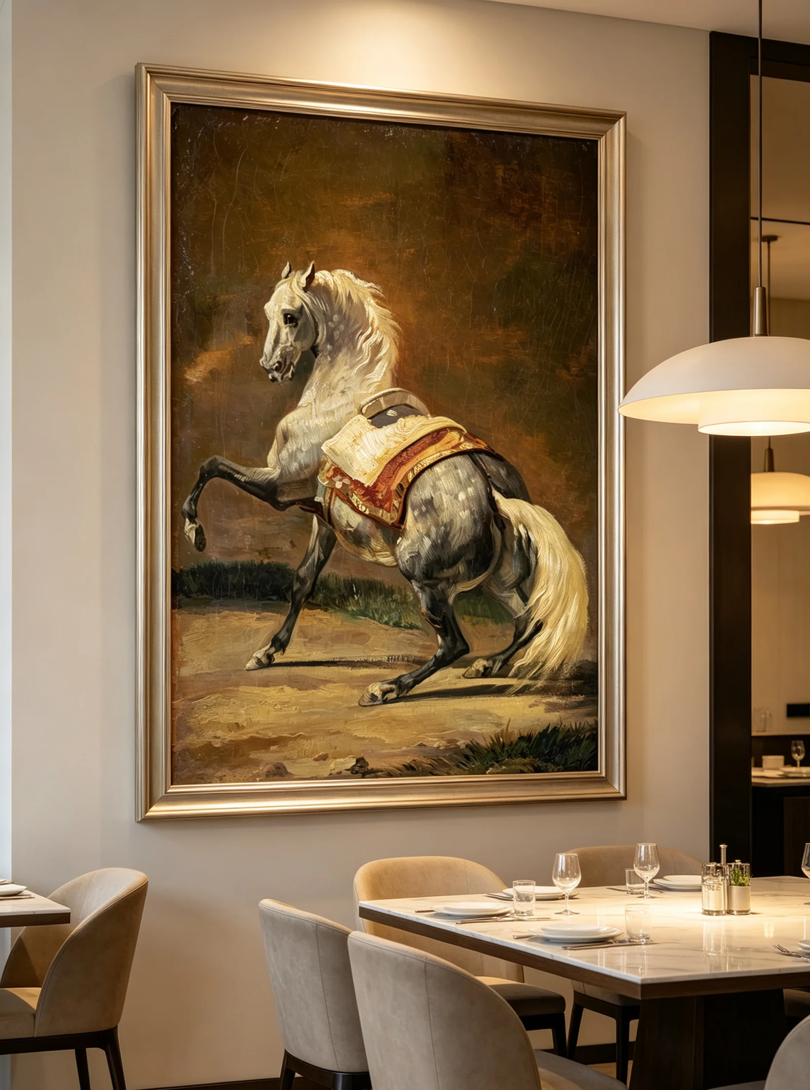 Folder Art Print Vintage White Horse Oil Painting Canvas Wall Art Classical Animal Decor for Living Room Entrance Stair Unframed
