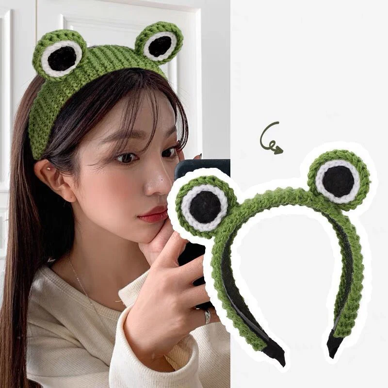 

2023 New Big Eyes Knit Frog Headband Wash Makeup Hair Band Cute Cartoon Scrunchies Autumn Spring Headdress Hair Accessories