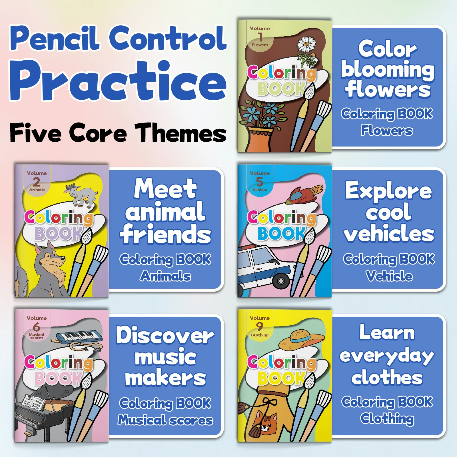 5-Book Kids Pencil Control & Coloring Book Set, Early Learning Coloring Activity Books with Flowers, Animals, Vehicles