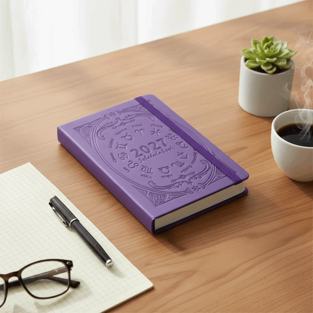 A5 2027 Constellation Pattern Calendar Notebook English PU Leather Schedule Planner Notepad Constellation Cover Bookmark