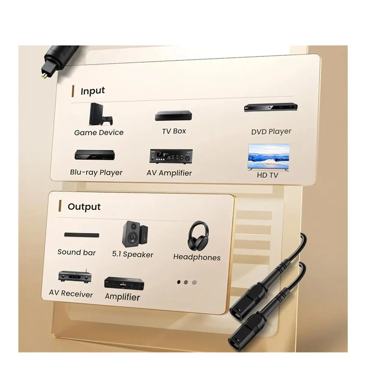 AB09 Optical Audio Cable Splitter 1 in 2 Out, Toslink Digital Fiber Audio Splitter 1 Male Input 2 Female Output
