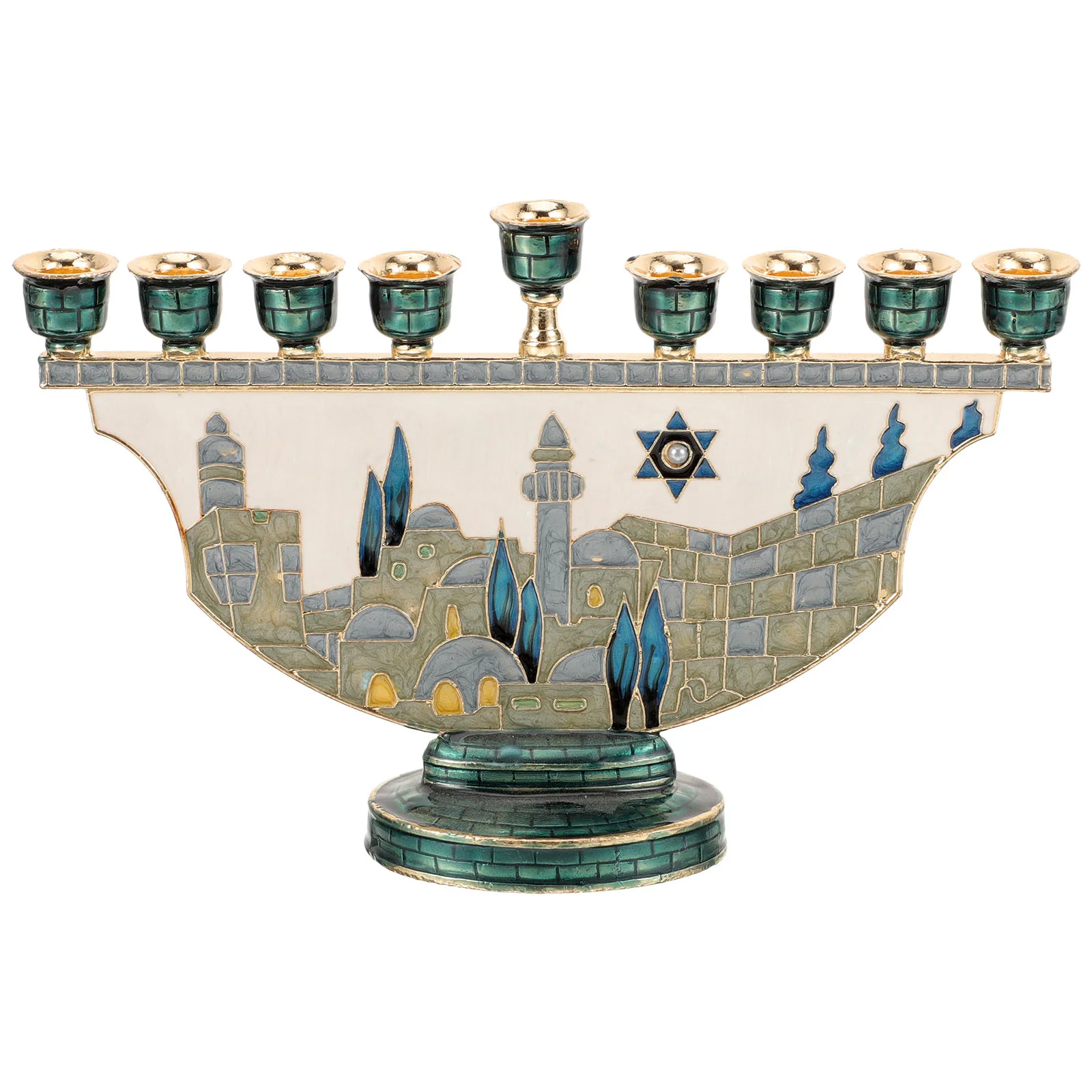 

Enamel Menorah Candelabra Jerusalem Candlestick Tapered Holders Jewish 9 Branch