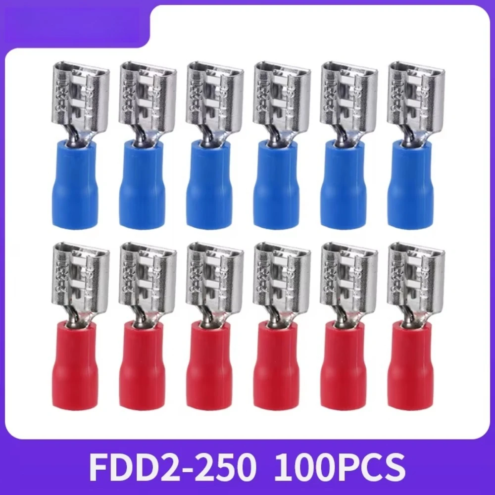 100pcs FDD2-250 FDD Insulated Electrical Crimp Female Terminal For 1.5-2.5mm2 Cable Connectors Cable Connector