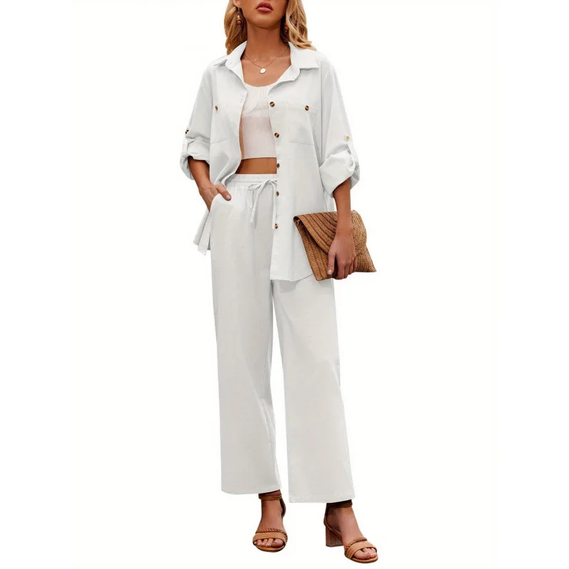 Pure Color Half Collar Pants Set Women's Fashion Summer Outfit Casual Workwear School Uniform Alternative No Brand