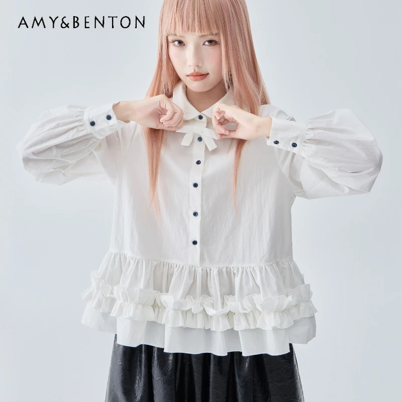 

Autumn New Sweet Ruffled Splicing Long Sleeve Women's Shirt Retro Design Loose Slimming Versatile Age-Reducing Shirts Ladies
