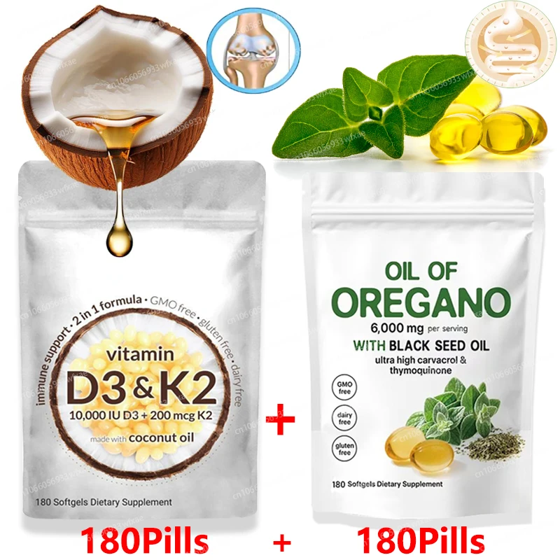 

180+180 капсул Масло орегановых мягких капсул и витамина D3&K2 с кокосовым маслом Поддержка впитывания кальция, Имульность здоровья