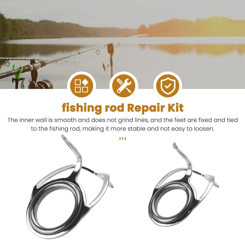 40 Pcs/Set Fishing Rod Guides Tip 8 Sizes Pole Repair Kit Line Rings Eyes Set Rings Stainless Steel Frames