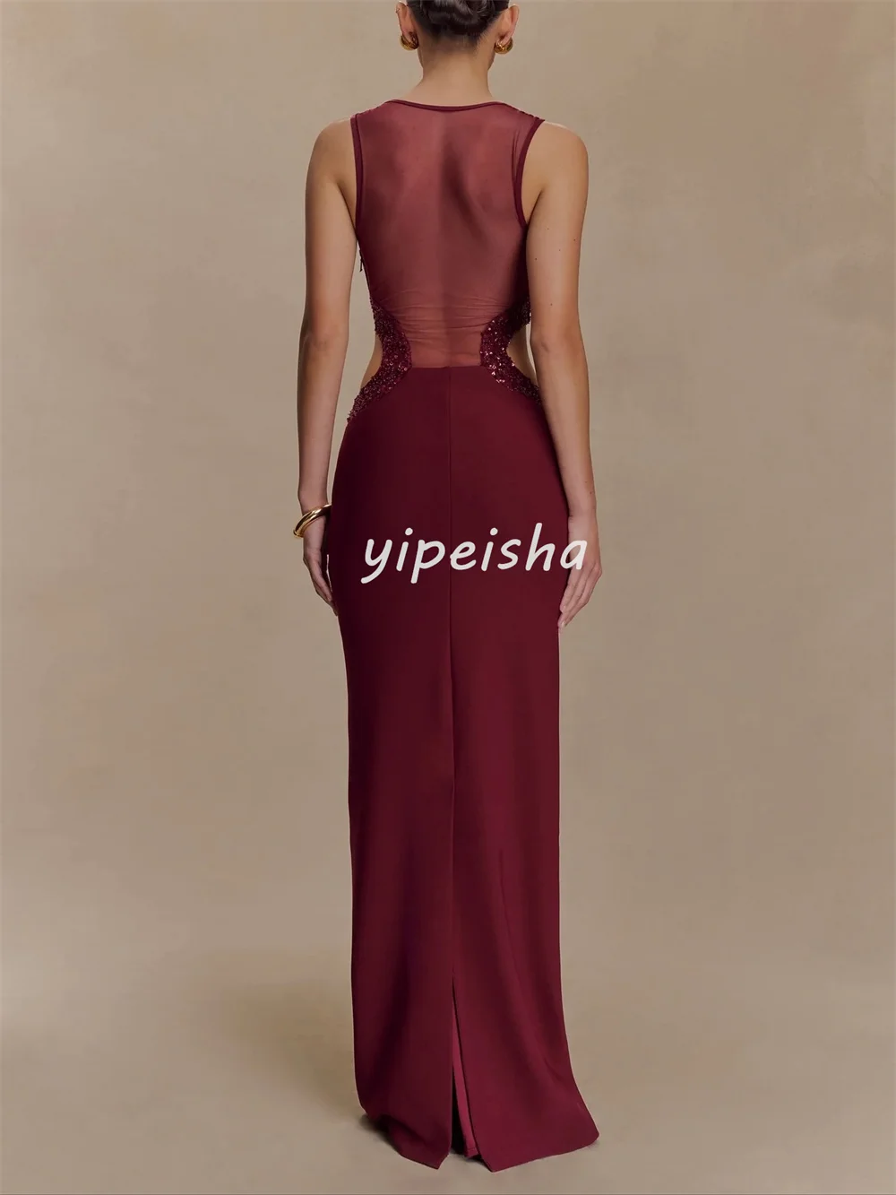 Op maat gemaakte bijpassende sexy jersey plooi kralen lovertjes rechte ronde hals lange jurken op maat gemaakte gelegenheidsjurken klassiek retro