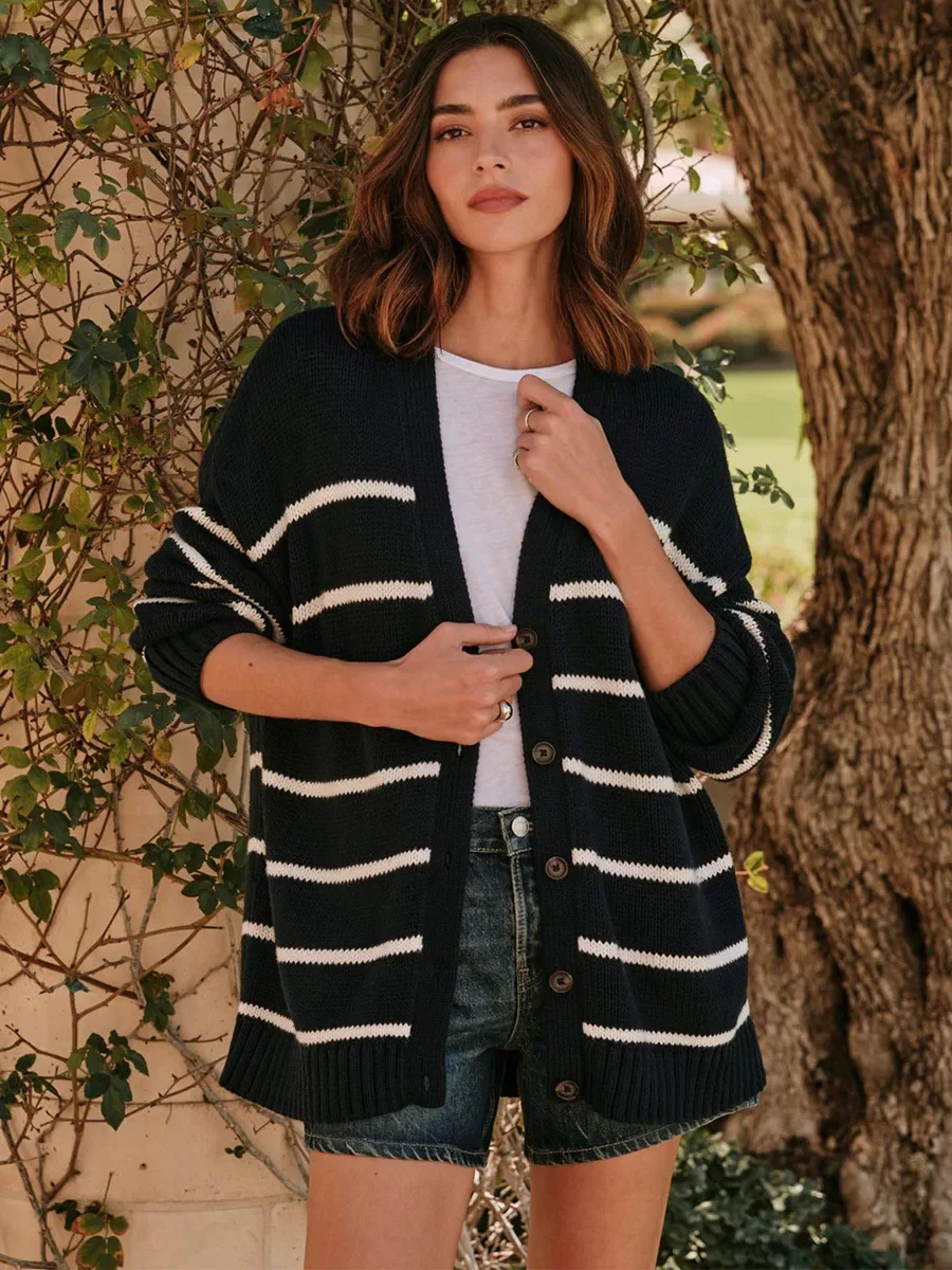

spring Autumn Sweater Women's Striped Knit Cardigan V-Neck Cotton Thickened Warm Loose Fit