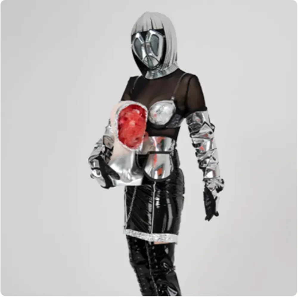 Strój tancerki, futurystyczna technologia, kostium sceniczny, srebrne bikini, rękawiczki, spódnica ze skóry PU, strój do klubu nocnego, strój do tańca gogo, odzież festiwalowa yj113