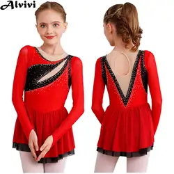 Kids Girls Ballet Figure Skating Dress Lyrical Dance Rhythmic Gymnastics Leotard Tutu Long Sleeve Rhinestone Sheer Mesh Dresses