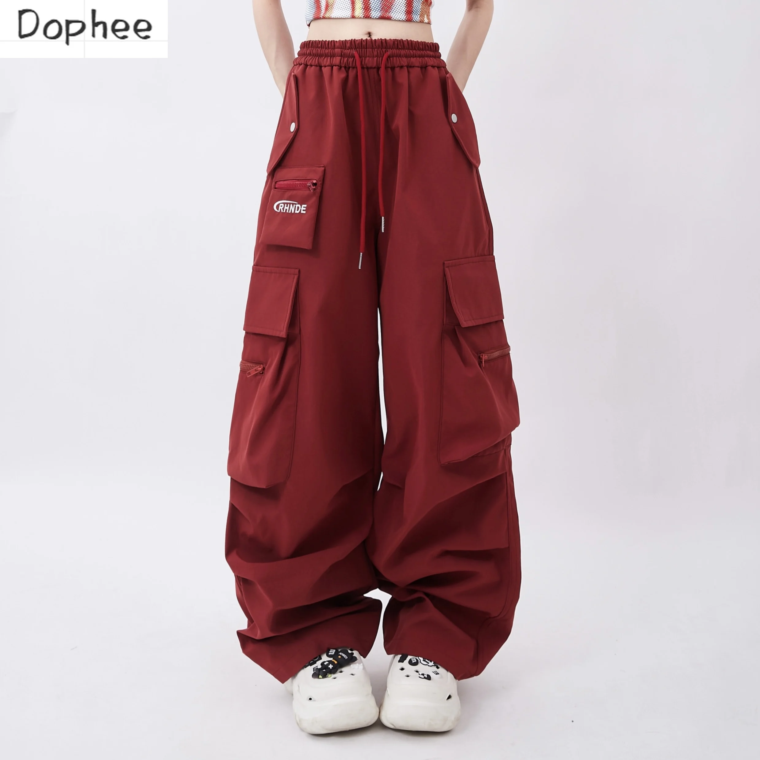 Dophee New Autumn Cargo Pants for Women American Street Hip Hop Zip Pockets Loose Straight Pants Drawstring Red Dance Trousers