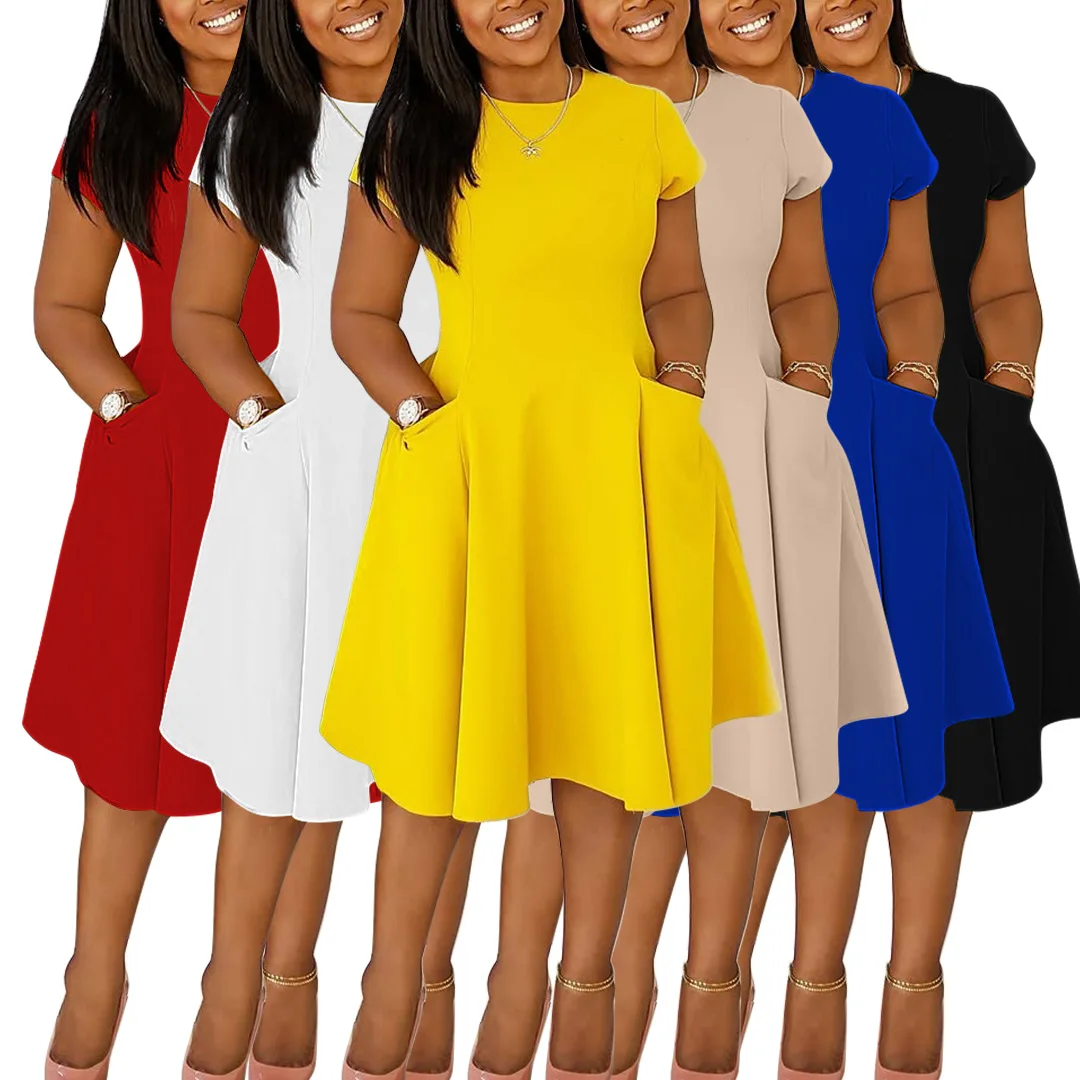 Women's Round Neck Short Sleeve High Waist Flared Dress With Pockets Multi color Slimming Comfort Casual All-match Commute Dress
