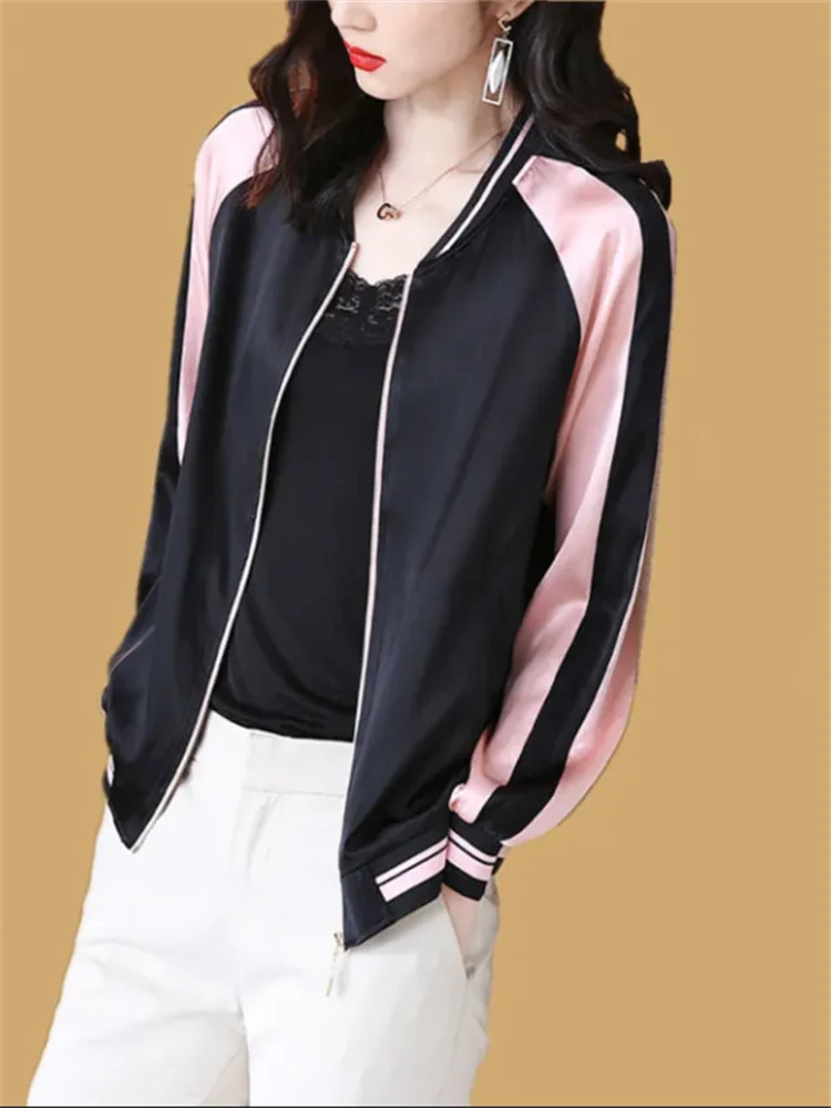 Silk Short Jacket For Women Baseball Outwear Spring Summer Thin Jackets Korean Zip Coats Loose Sunscreen Top Casual Women Jacket