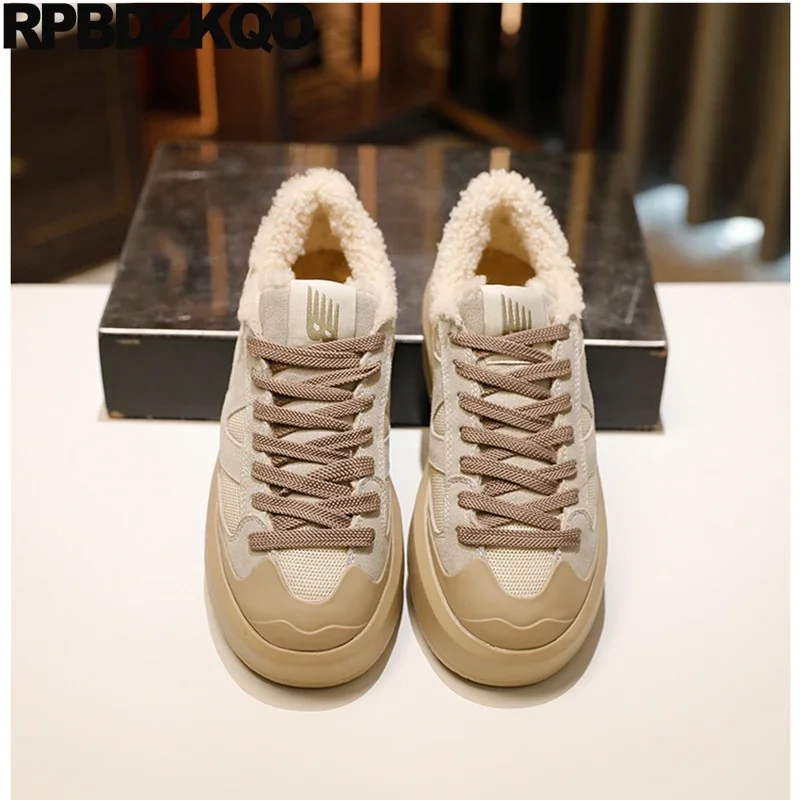 Sneakers Footwear Fur Lined Women Flats Creepers High Sole Thick Winter Shoes Skate Trainers Lace Up Leisure Platform Cow Skin