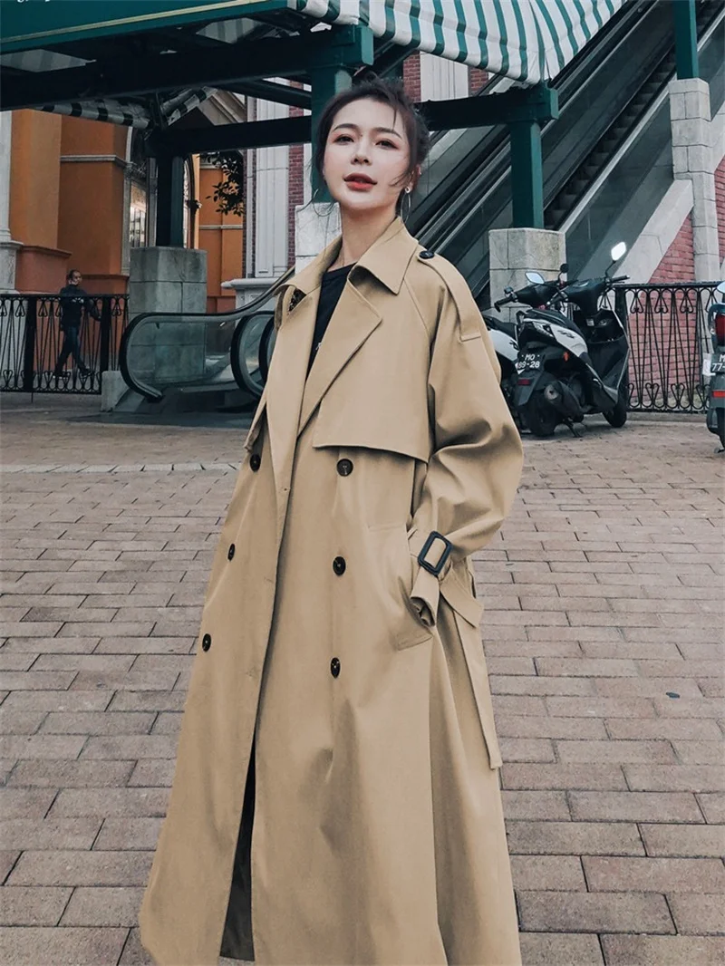 

Korean Autumn Khaki Double Breasted Long Coats Women Lapel Sash Loose Trench Streetwear Windbreakers Office Lady Overcoats
