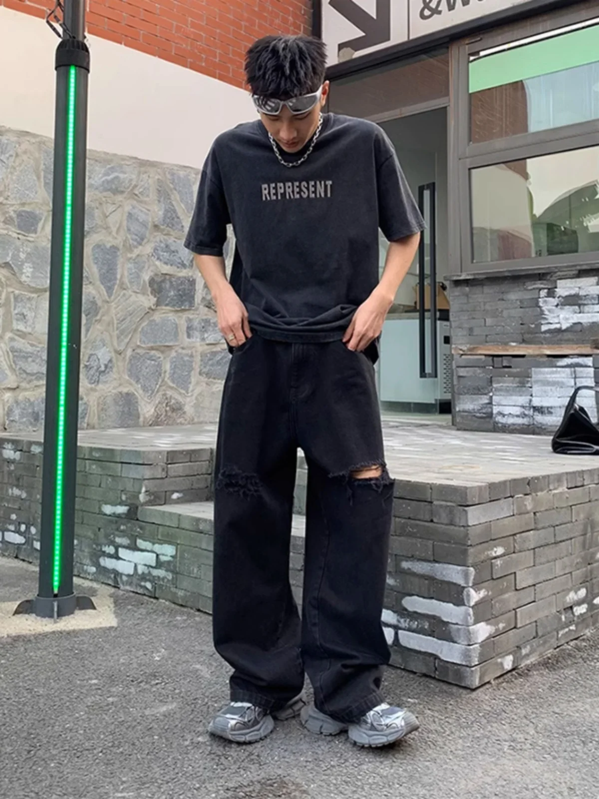 plus Size Men's Jeans Spring Break Hole American High Street Casual Loose Straight Leg Wide Leg Pants Youth Trendy Jeans
