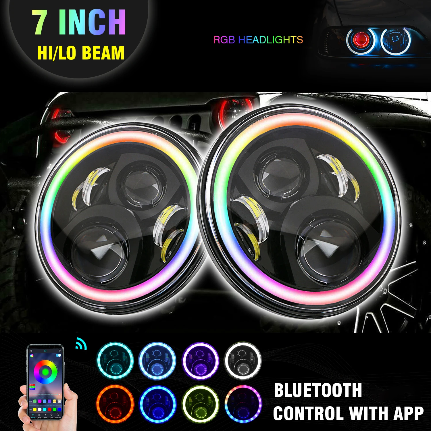 

2pcs 7Inch Round APP Control Car LED Headlights RGB Halo Ring Angel Eyes Off Road H13 H4 LED Lamp for Wrangler Harley Jk Tj Lj