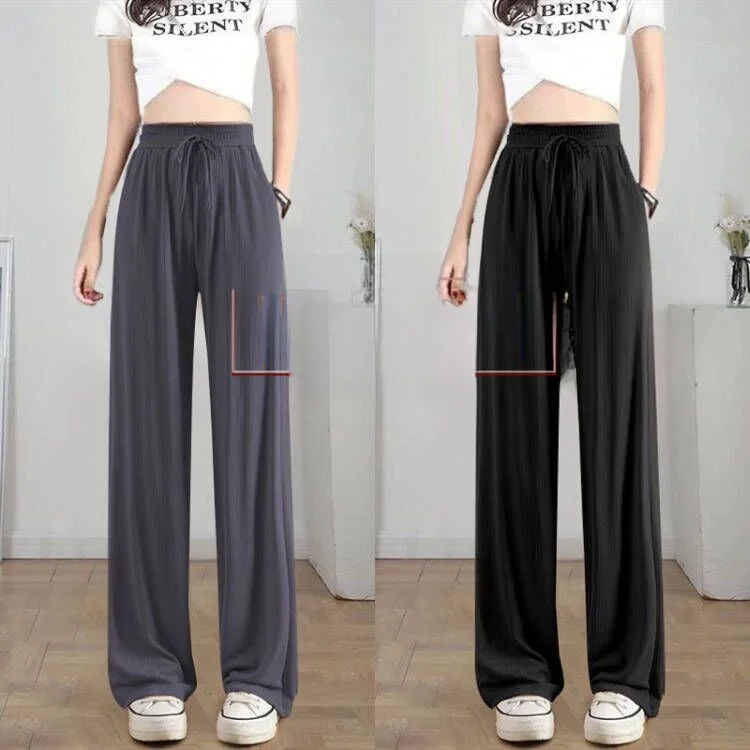 

Черные широкие брюки женские летние тонкие ледяные шелковые тонкие драпированные брюки с высокой талией прямые повседневные свободные брюки с защитой от комаров