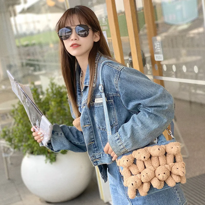 iPinee Wash Denim Retro Women Crossbody Bag High Quality Elegant Lady Shoulder Bags Cute Bear Handbag