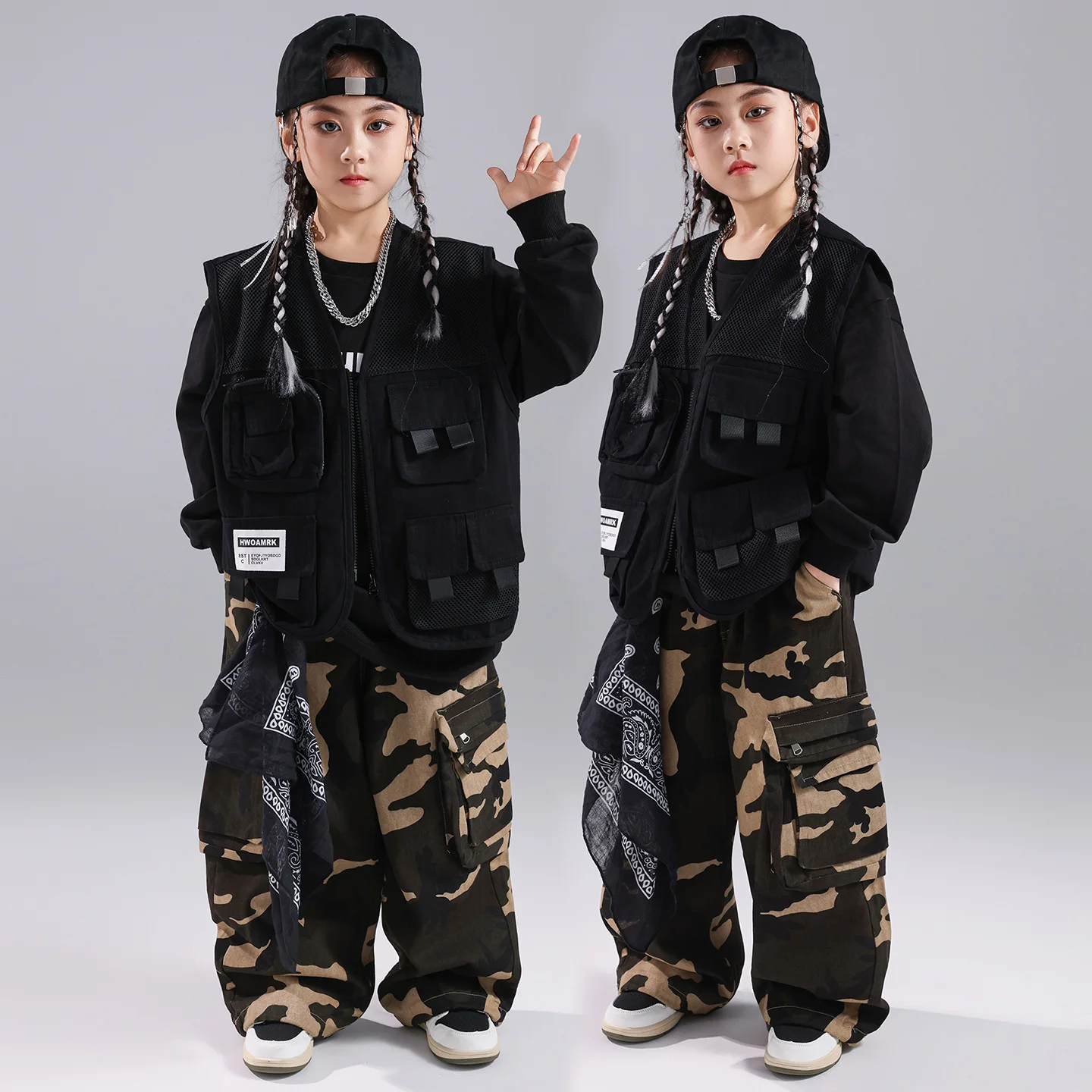 

2025 Children Modern Hip Hop Dance Clothes For Girls Group Loose Vest Camouflage Pants Outfits Streetwear Jazz Costumes DQS21216