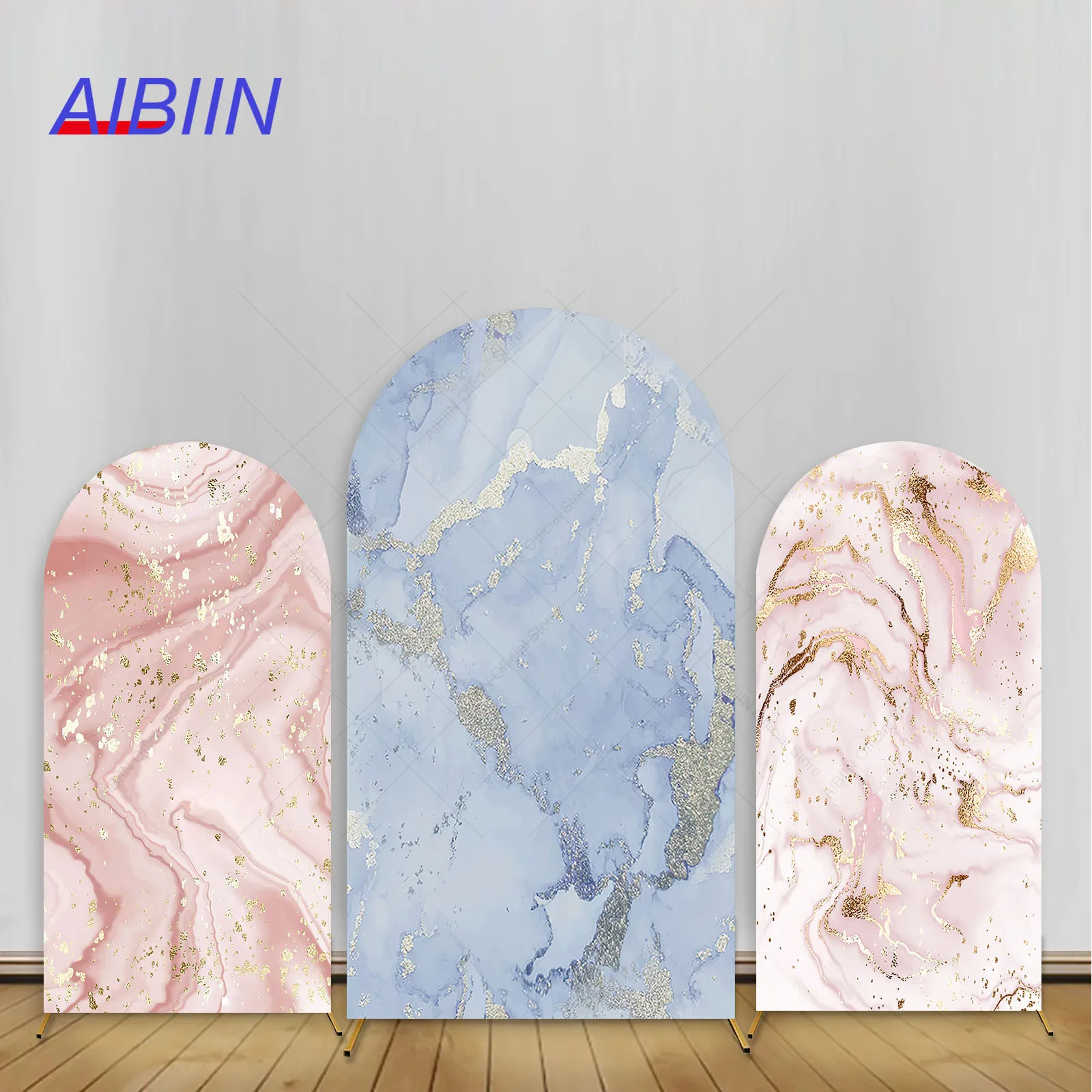 Niebieski lub różowy marmurowy łuk Tło Pokrywa Złoty proszek Ślub Urodziny Baby Shower Party Decor Chłopiec Dziewczyna Tło Photozone