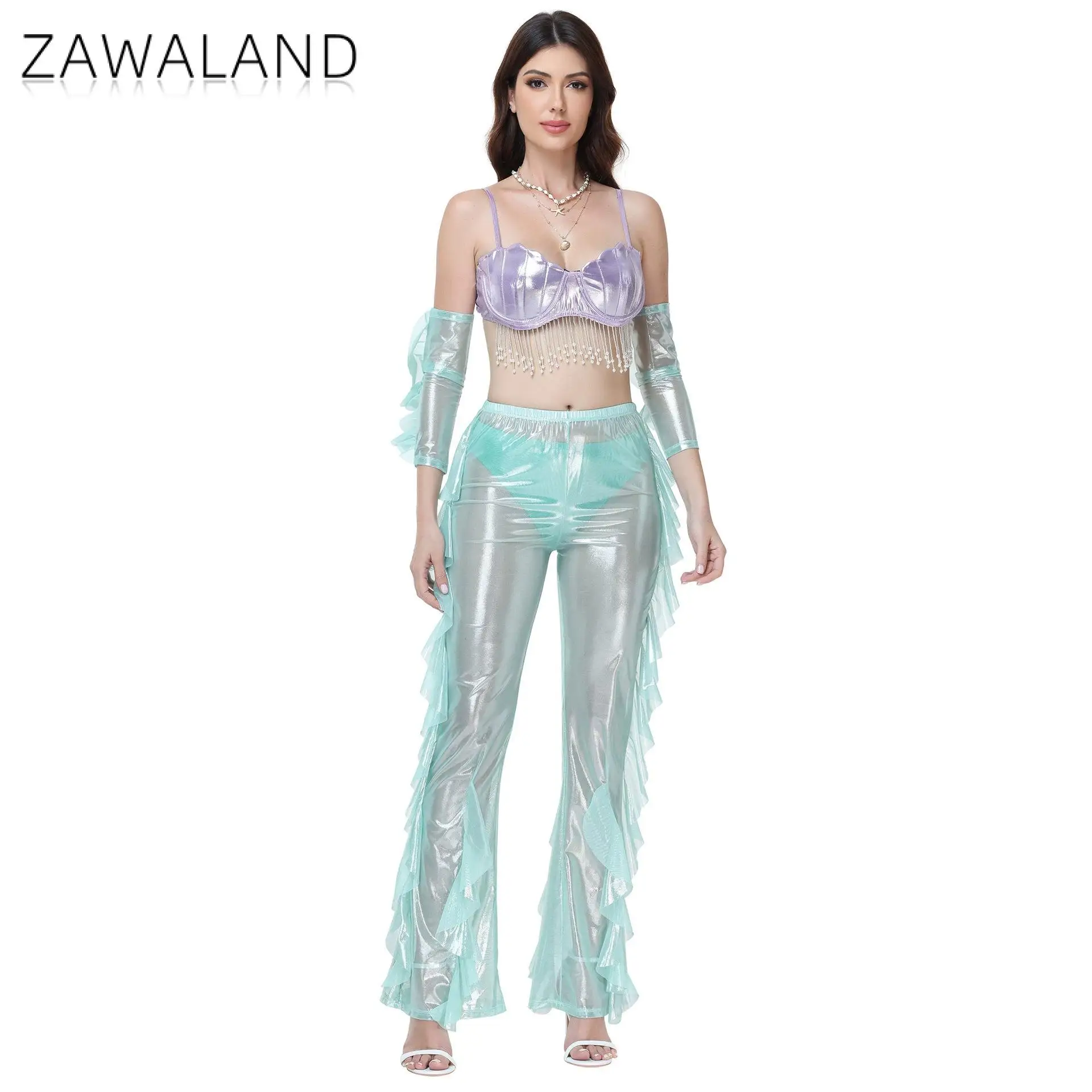 Women Mermaid Cosplay Costume Shell Crop Top Flared Pants Set Shiny Sea Princess Outfit Halloween Carnival Party Role Play Suit