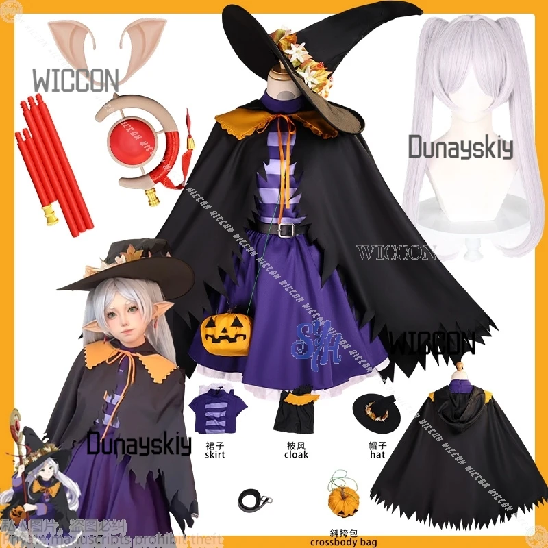 Kostum Cosplay Anime Frieren: Beyond Journey's End 2025 Pesta Halloween Ajaib Jubah Penyihir Kawaii Topi Besar Gaun Ungu