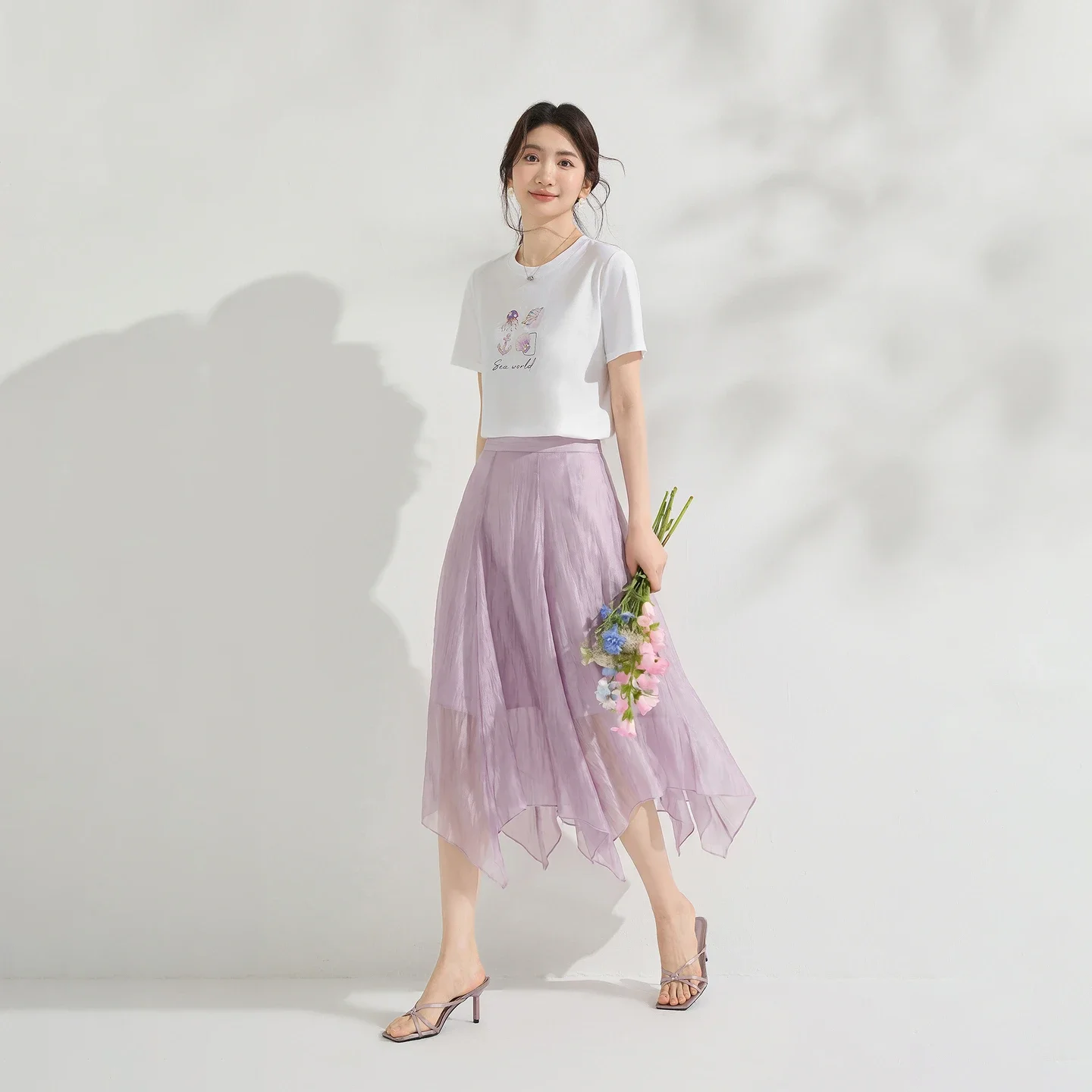 SENTUBILA Summer Women's Suits Hand Beaded 100% Cotton White Tee Irregular A-Line Midi Skirt 2 Piece Set Woman Outfit 162ZL6898