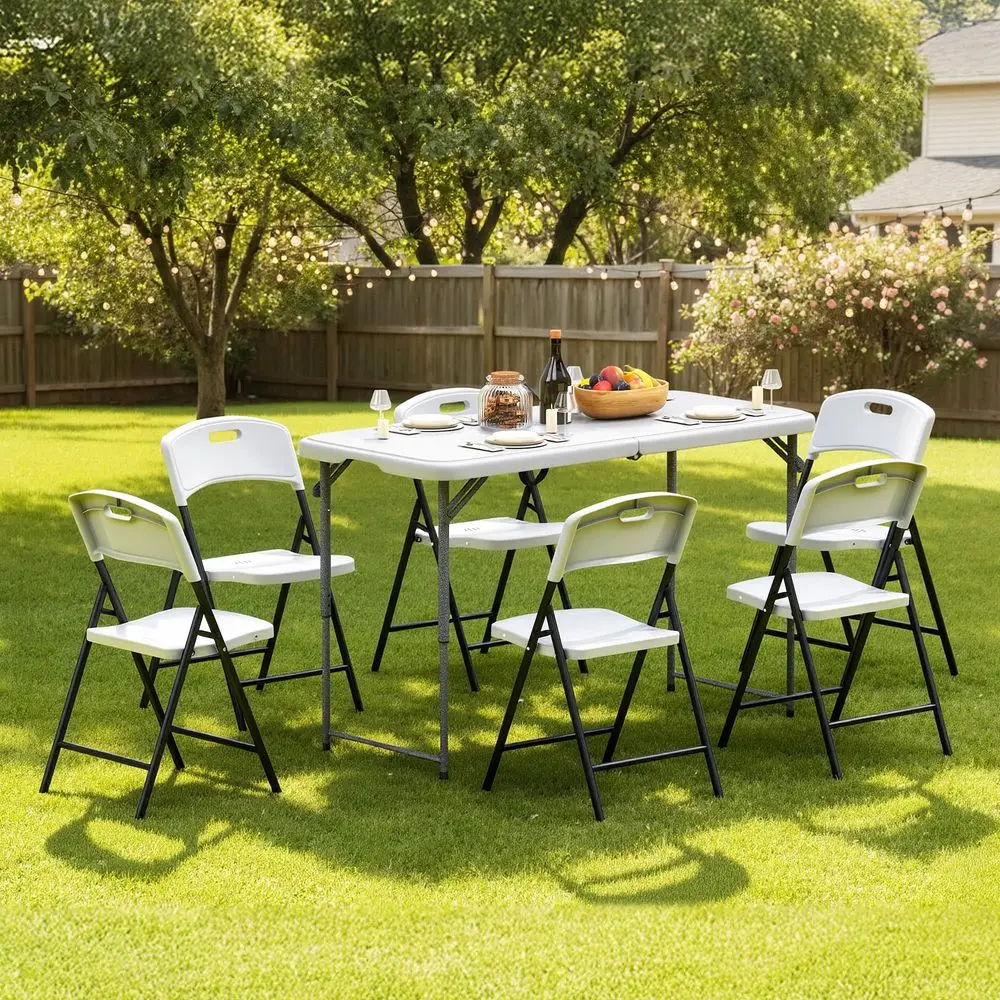 

Foldable Outdoor Dining Set with 6 Fully assembled Dining Chairs for Easy Storage, Portable Patio Table and Chairs Set for Camp