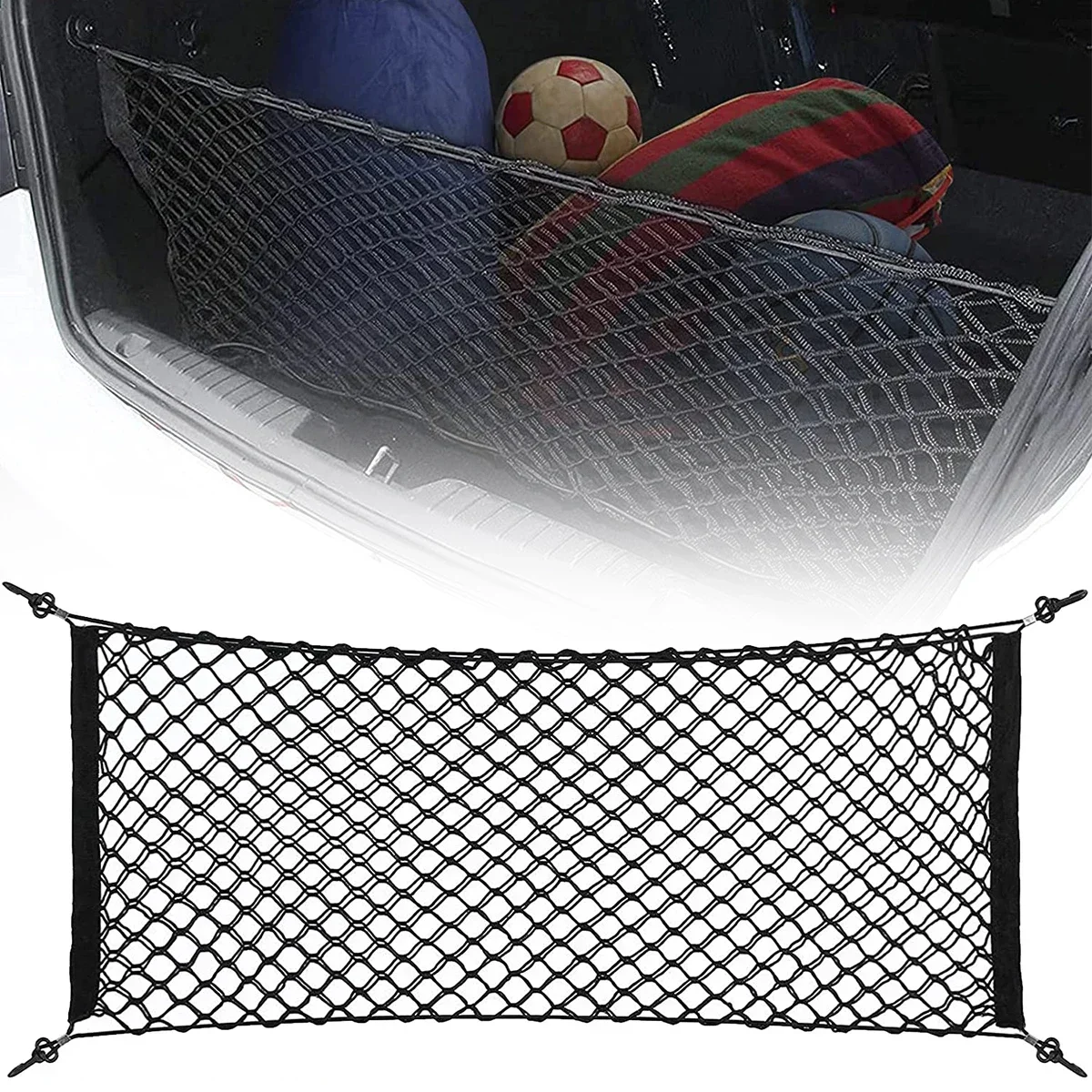 35.5 x 15.7 Inch Rear Cargo Net Adjustable Elastic Mesh Storage Organizer Large Capacity Stretchable Trunk Storage Net with