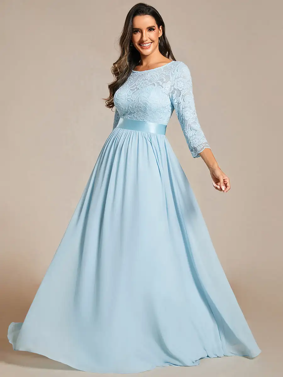 Elegant Evening Dresses O-Neck Backless long sleeve 2024 Ever Pretty of Lace Sky Blue Bridesmaid Prom long Dresses