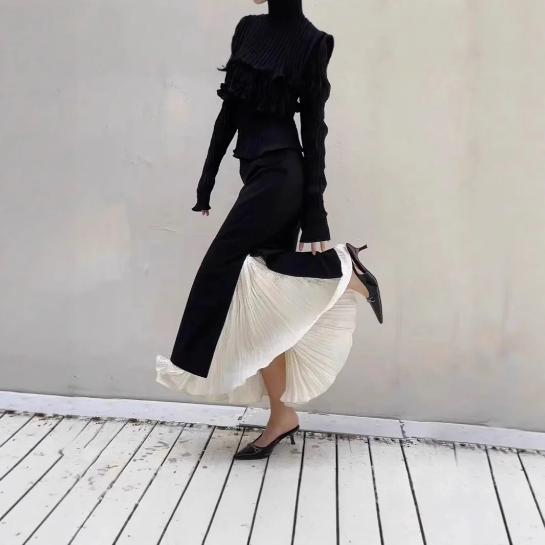 

Autumn High Waist Patchwork Side Slit Long Two-Way Pleated Skirt Splicing Grey Midi Skirt Ruffle Fishtail Half Skirt for Women