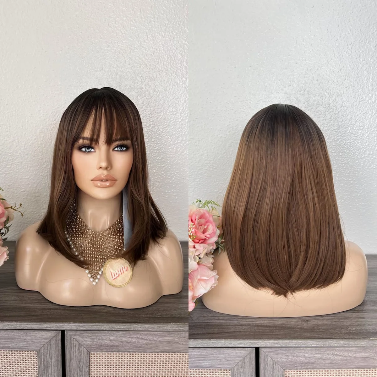 Curtain Bangs Bob Natural Straight HD Transparent Lace Wigs Beginner Friendly Ombre Chocolate Brown Glueless Wigs Synthetic Hair