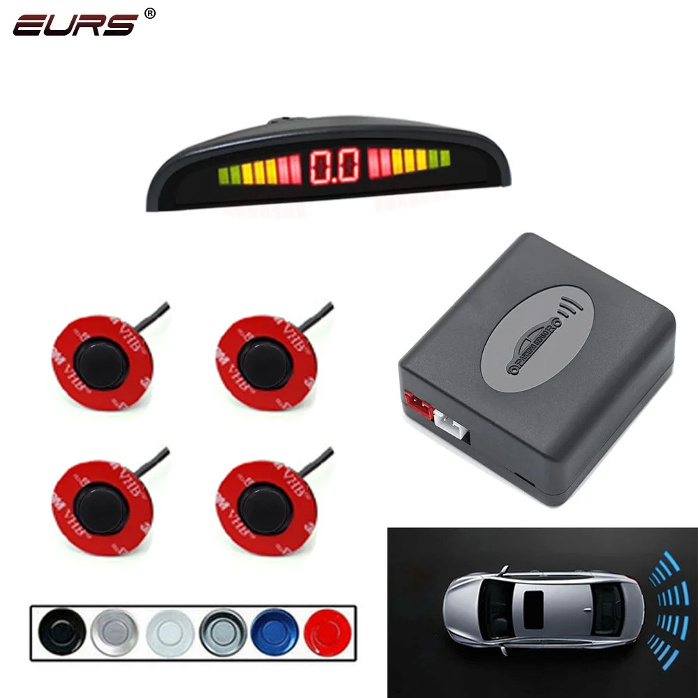 EURS Parktronic 4 sensors Car Backup Radar Parking Sensor Buzzer Detector Assistance Flat Probe System 12V Kit Universal Car Bac