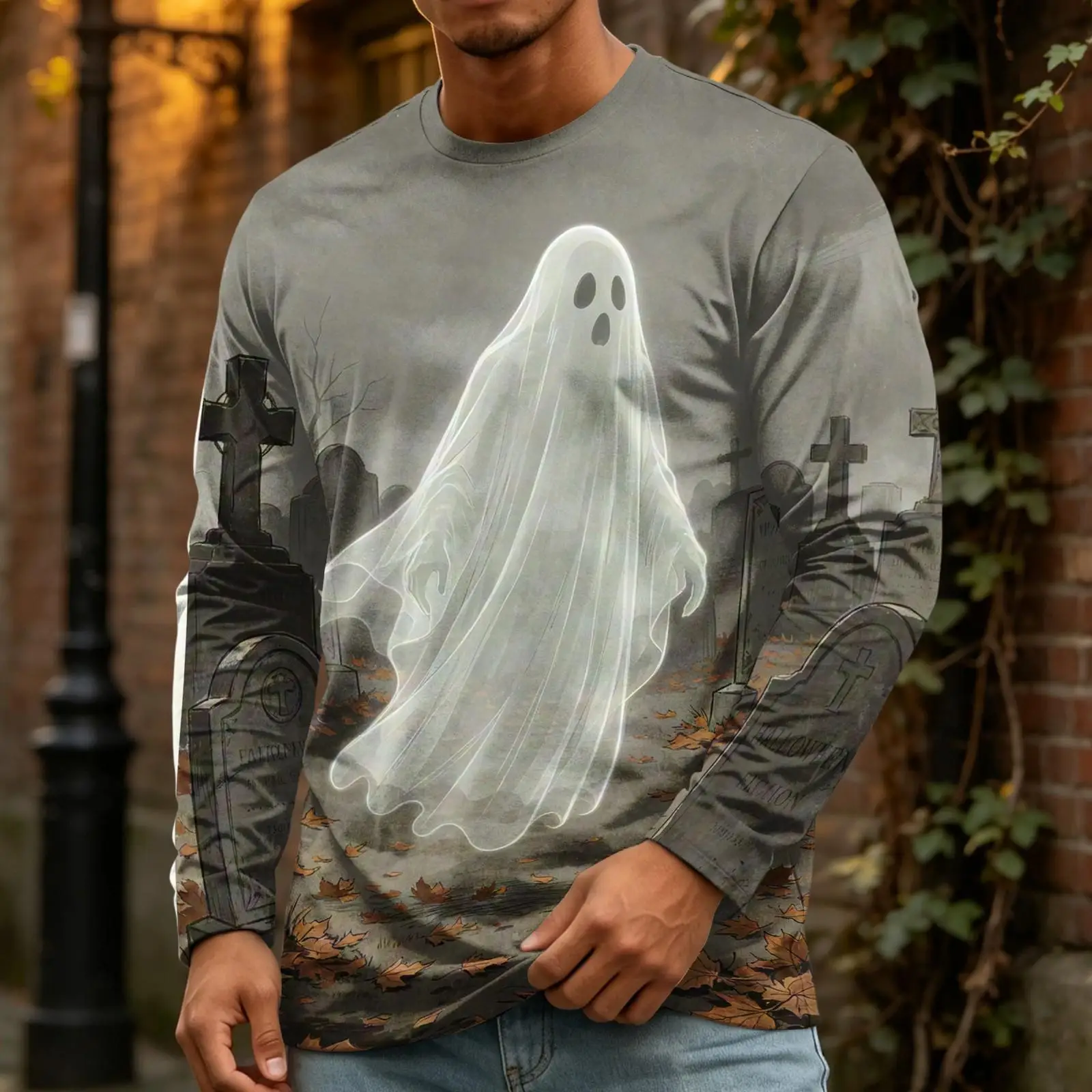 Men Vintage Halloween All Over Print Long Sleeve Shirts Gothic Skull Ghost Pumpkin Octopus Cactus Crew Neck Casual Party Tees