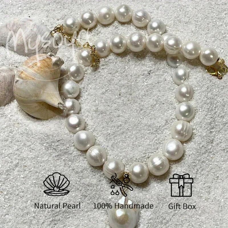 

MYSOYA 10-11mm Large Natural Freshwater Pearl Chain Baroque Pendant Multi Size With Gift Box Birthday Wedding Jewelry Gift