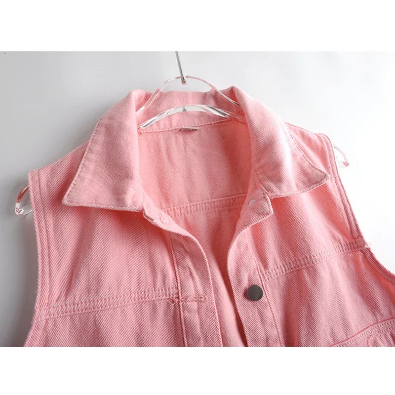 

Spring Summer New Pink Big Pocket Denim Vest Women Short Waistcoat Loose Cowboy Sleeveless Jacket Coat Casual Jeans Vest Female