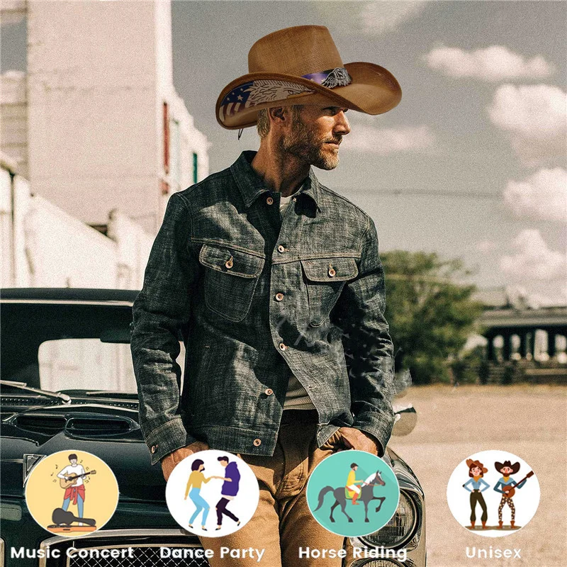 

Perfect Vintage Retro Cowboy Hat Men Western Luxury Cowgirl Caps Straw Cover Cap Female Jeans Hat Jazz knight Hat Summer Sun Hat