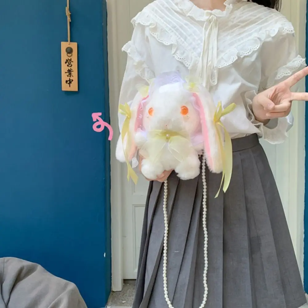 New Cute Bunny Plush Bag Lolita Shoulder Bag Kawaii Princess Sweet Pearl Chain Crossbody Bags Long-eared Rabbit Purse