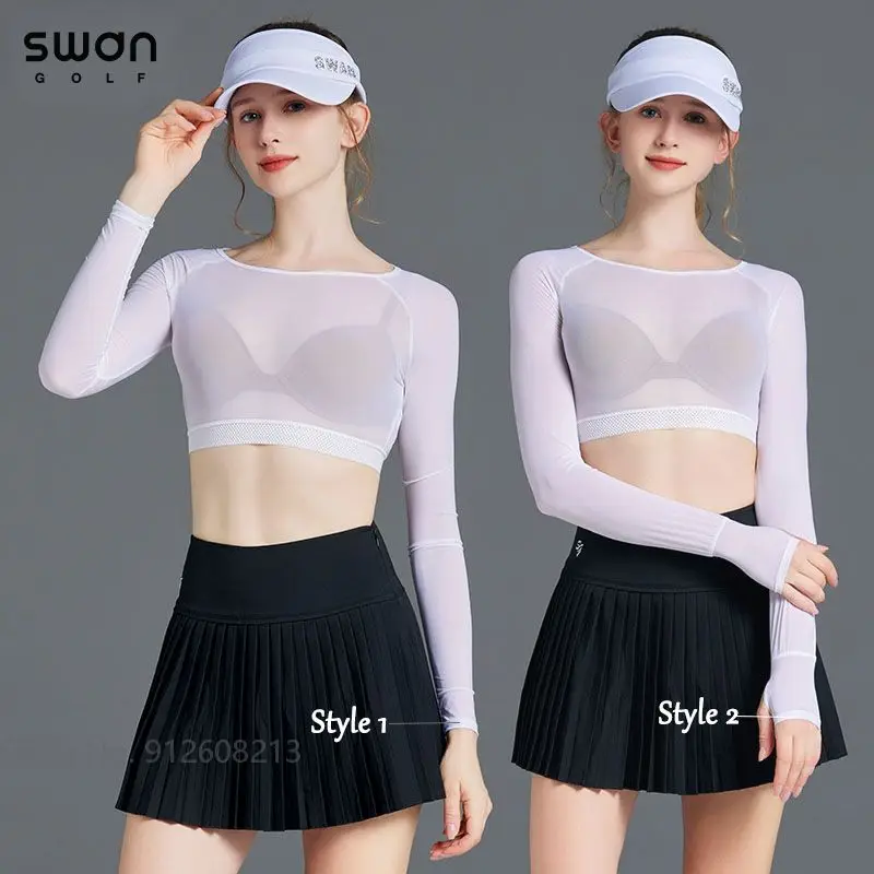 

SG Summer Ice Silk Long-sleeved Underwear Sunscreen Golf Shirts Lady High Elastic Cooling Cropped Tops Women Round Neck T-shirts