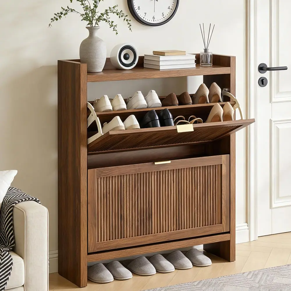 Shoe Storage Cabinet with 2 Flip Door for Entryway, Modern Freestanding Narrow Wood Shoe Rack Cabinet for Foyer, Front Door, Ha