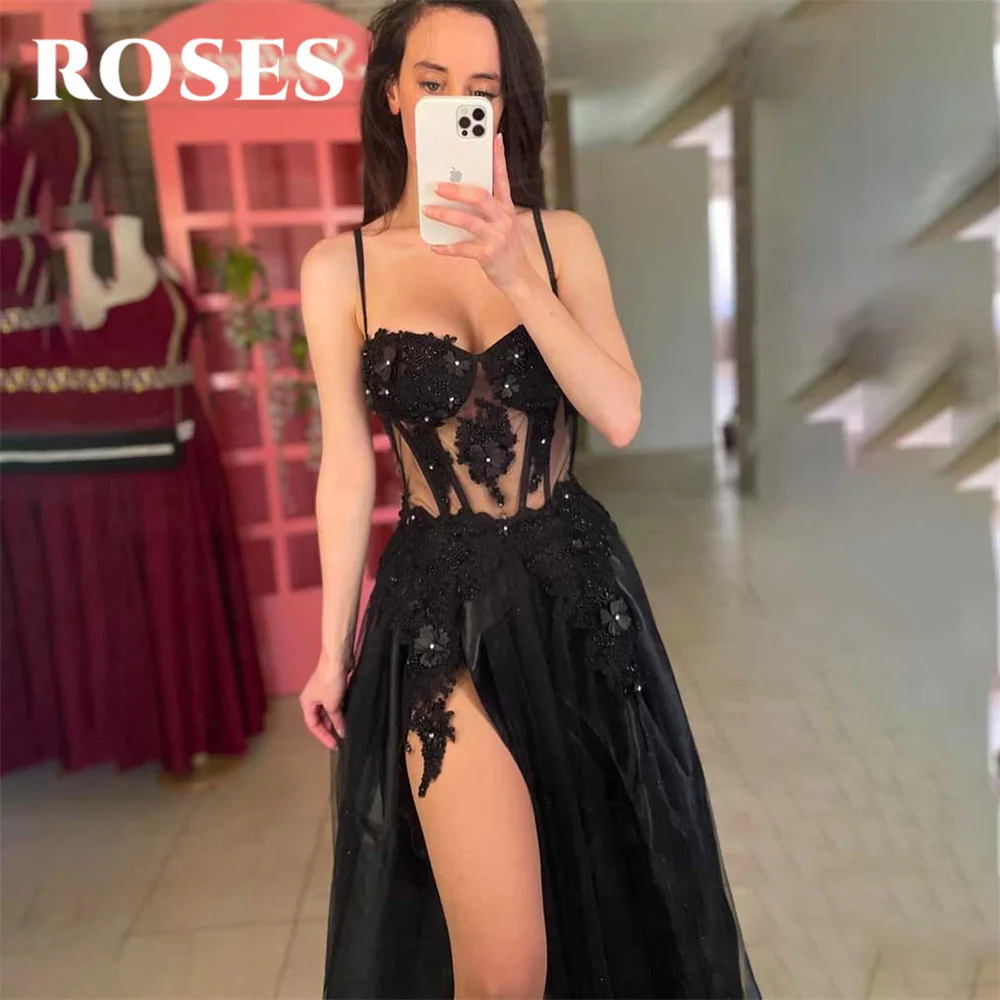 ROSES White Evening Dress Spaghetti Strap A-Line Party Dress Vestido De Novia Sweetheart Pleat Side Split Sleeveless Prom Dress