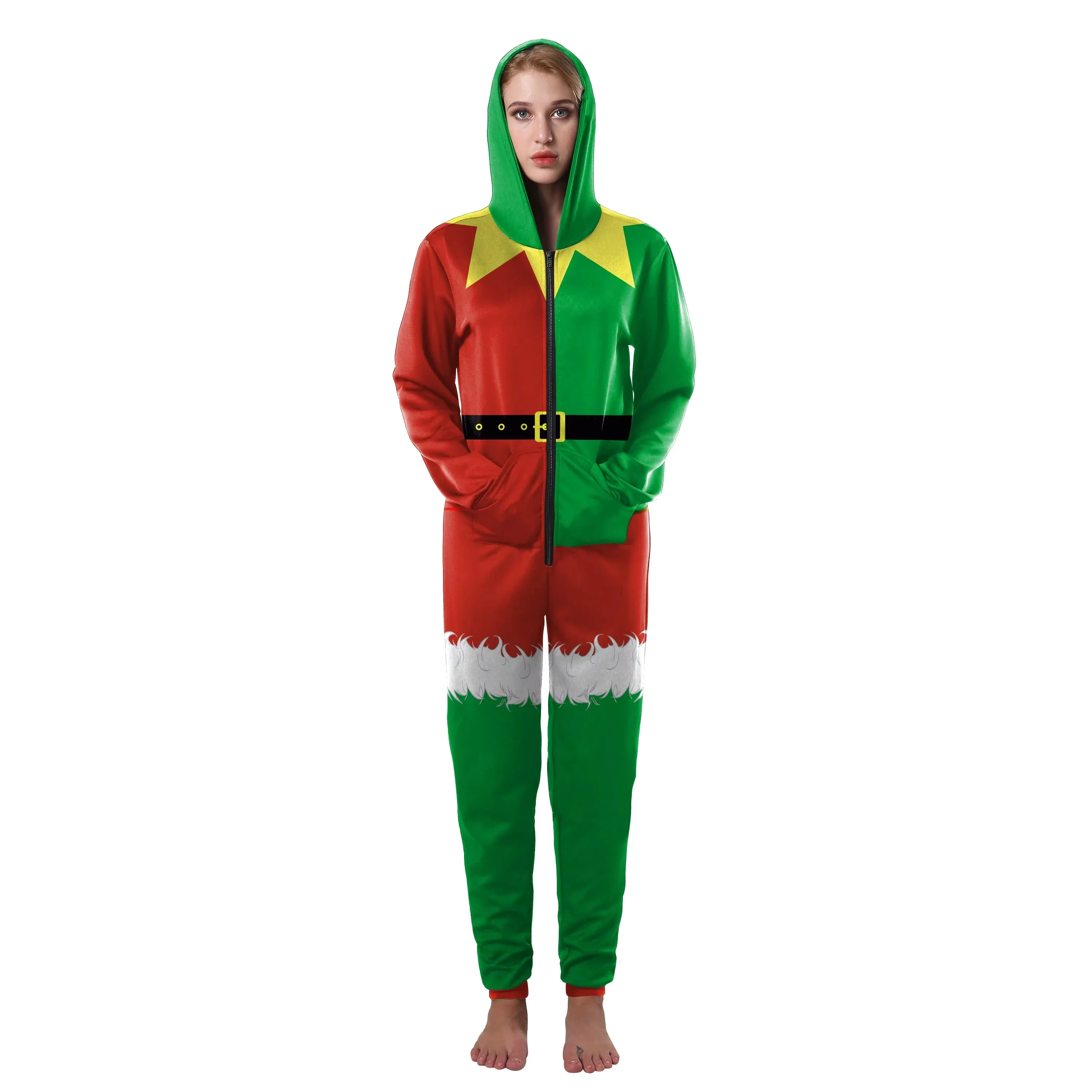 

Christmas Pajamas 3D Printed Hooded Jumpsuit Woman Man Long Sleeve Sleepwear Loungewear Xmas Party Cosplay Costume