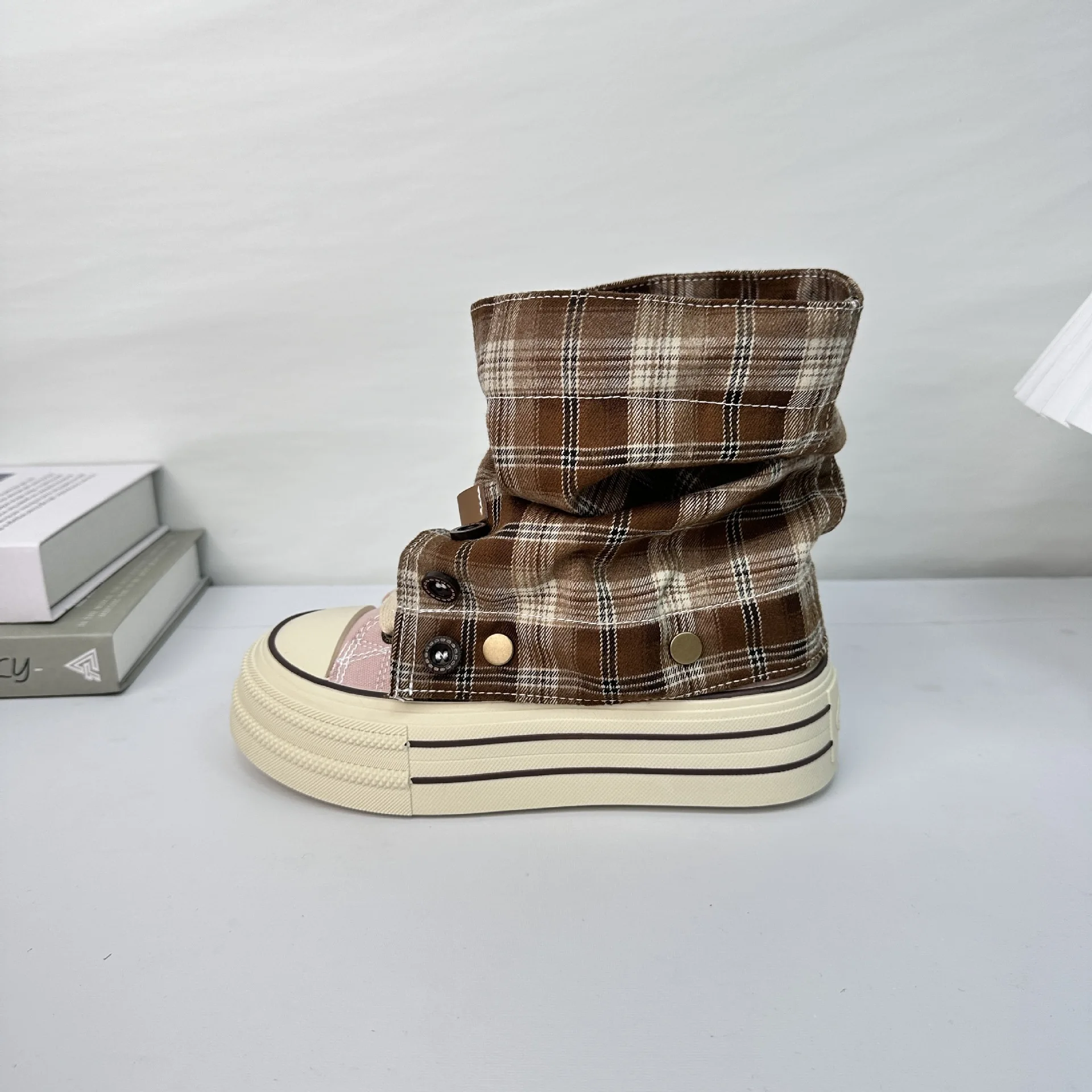 2026 New Fashion Women Canvas Ankle Boots Pink Female Sneaker High Top Black Thick Sole 5Cm Casual Shoes Rivet Buckle Spring image 2