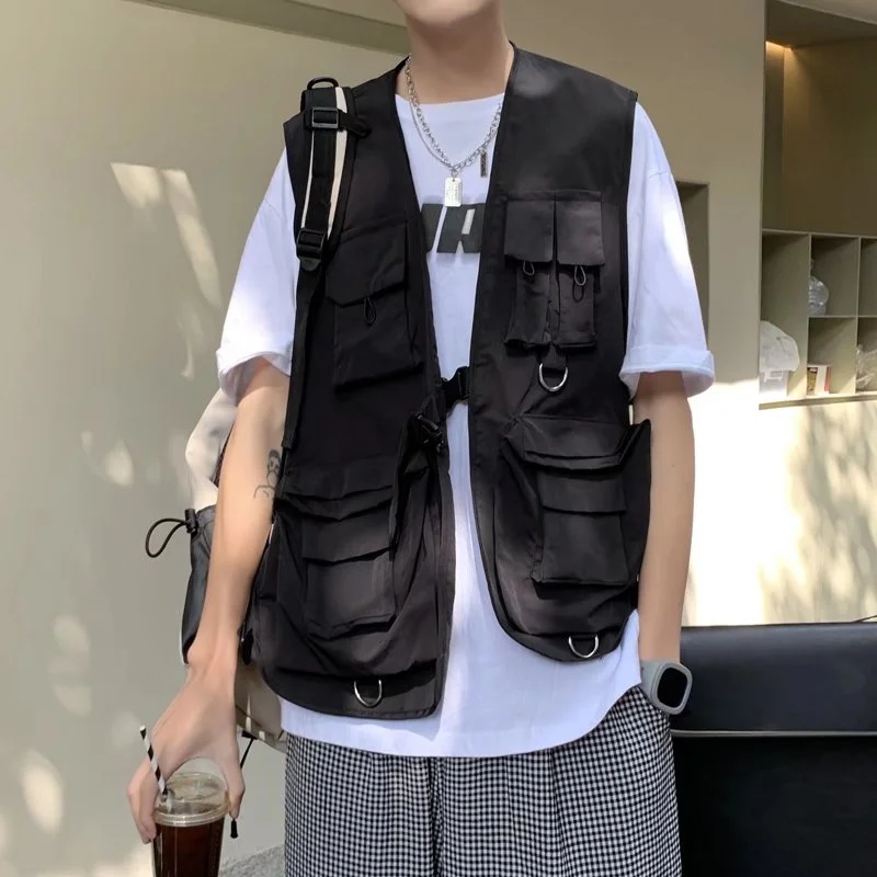 EBAIHUI Black Pink Pocket Vests Men Fashion Retro Casual Cargo Sleeveless Jacket Male Japanese Streetwear Loose Hip Hop Vest