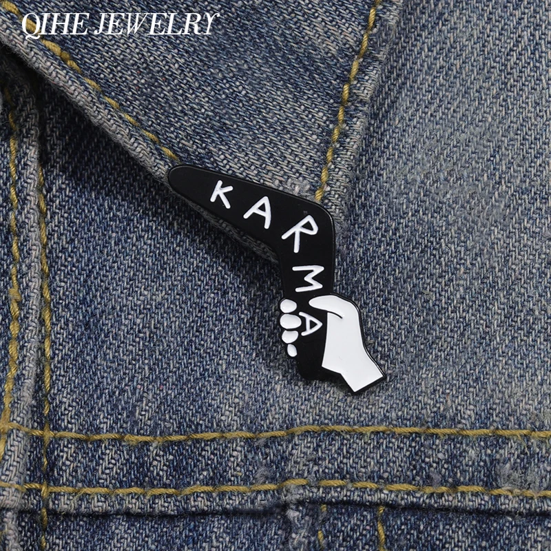 KARMA Boomerang Brooch Enamel Pins Creative Punk Gothic Brooches Decorate Backpack Clothes Lapel Badges Jewelry Gift for Friends